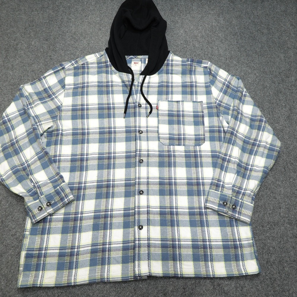 Levi's Hooded Shirt Mens XXL Blue Plaid Cotton Flannel Long Sleeve Button Front